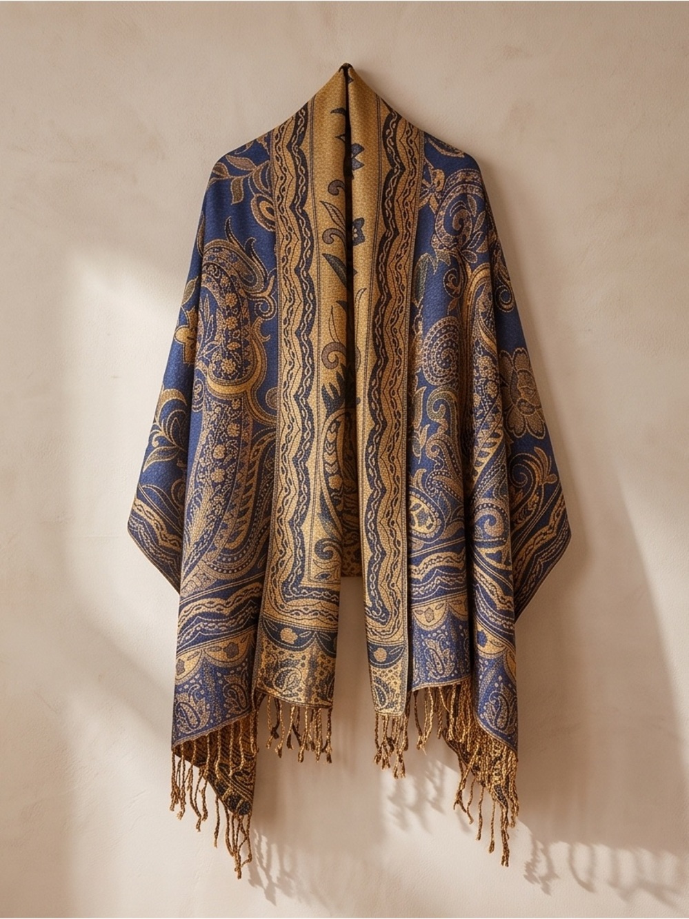 27” X 66” Elegant Golden Thread Navy Blue Paisley Fringe Women's Wrap or Shawl